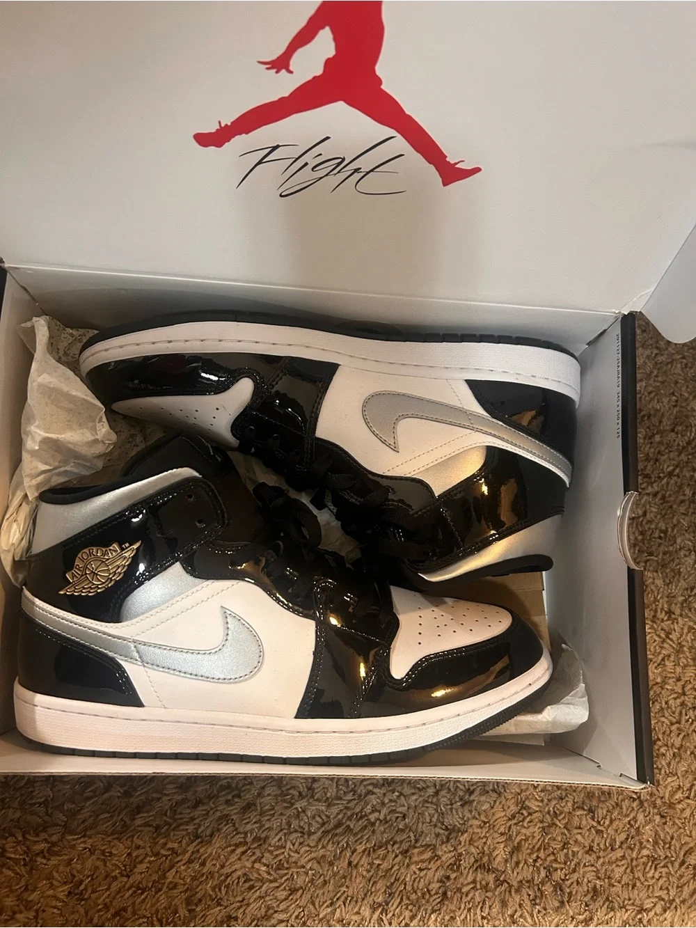 Jordan 1 Mid Black/White/Silver Patent Leather Sneakers